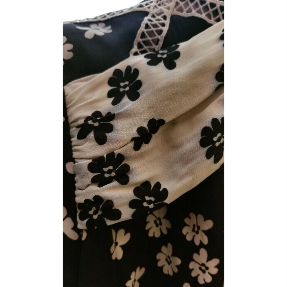 Self Portrait Daisy Print Puff Sleeve Women's Midi Dress, Black/White Size US 2 - Picture 8 of 12